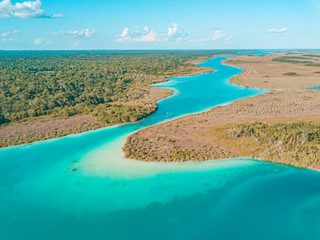 Aerial view of Bacalar Lagoon, near Cancun, in Riviera Maya, Mexico