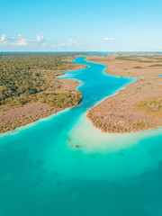 Fototapeta na wymiar Aerial view of Bacalar Lagoon, near Cancun, in Riviera Maya, Mexico
