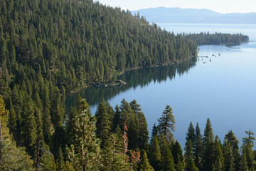 SOUTH LAKE TAHOE, CALIFORNIA, USA - AUGUST 21, 2019:  Emerald Bay on Tahoe Lake in the morning