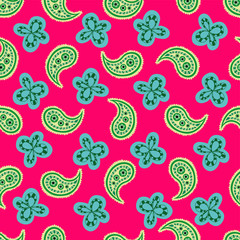 Abstract on Pink-Paisley Dreams seamless repeat pattern. Colourful pattern of abstract flowers paisley shapes. Fresh pattern in pink,green,blue and yellow.. Perfect for fabric, scrap book,wallpaper