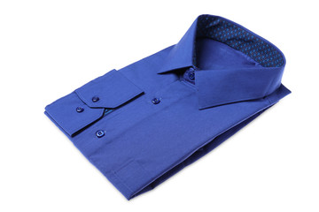 Stylish blue shirt isolated on white. Dry-cleaning service