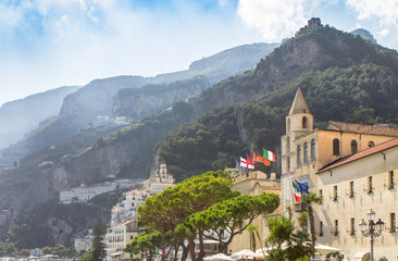View of the mountains and buildings of Amalfi city, Italy
