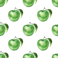 Watercolor seamless floral pattern with apple fruts hand drawing decorative background. Print for textile, cloth, wallpaper, scrapbooking