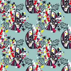 Modern doodle psychedelic fashion eyes seamless pattern in hippie or Memphis style