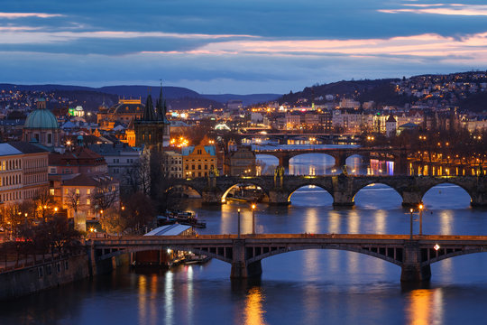 Evening view of the historical city centre of Prague and river Vltava.