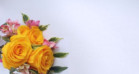 Yellow roses and crimson astromeria on a light gray background. A festive composition. Background for postcards, invitations, and greetings. © Olirina