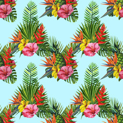 Watercolor seamless floral pattern with exotic flower hand drawing decorative background. Print for textile, cloth, wallpaper, scrapbooking