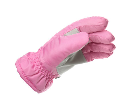 Woman wearing pink ski glove on white background, closeup. Winter sports clothes