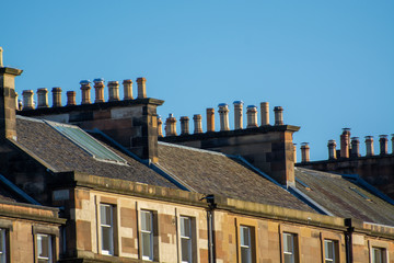 Roofs and chimneys in New Town part of Edinburgh city, capital of Scotland, in sunny winter morning