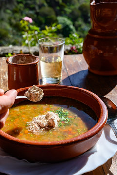Homemade vegetables soup served with Canarian gofio flour based on local recipe of Masca village, Tenerife, Spain