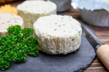 Spread cream cheese with herbs, garlic, chives and spices close up