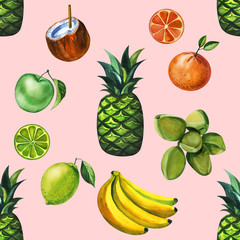 Watercolor seamless floral pattern with fruts hand drawing decorative background. Print for textile, cloth, wallpaper, scrapbooking