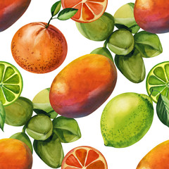 Watercolor seamless floral pattern with fruts hand drawing decorative background. Print for textile, cloth, wallpaper, scrapbooking