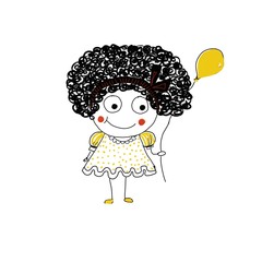 Simpatica bambina riccia che regge un palloncino, isolata su sfondo bianco