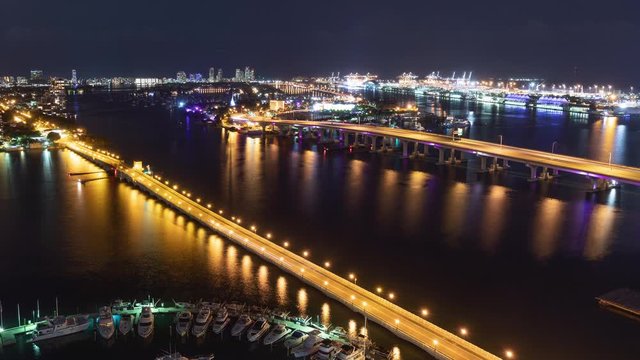 Night time lapse of traffic going over two of the bridges to Miami Beach Florida