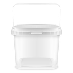 Transparent square empty plastic pail with handle. Front view mockup isolated on white background..