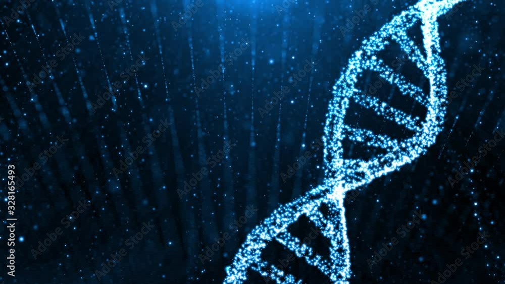 Aufkleber 3d animation of rotating dna double helix made from reflective bubbles floating against dark blue co