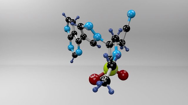 Baricitinib molecule. Molecular structure of baricitinib, drug used to treat moderate-to-severe rheumatoid arthritis. Alpha channel.