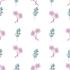 Fototapeta na wymiar Mimosa Mirtle-Flowers in Bloom seamless repeat pattern in pink and green on white background. Decorative mimosa flowers mirtle leaves pattern background. Perfect for fabric, scrapbook, wallpaper.
