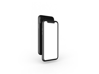 Smartphones in perspective - mockup front side with white screen and back side with camera - black clay render