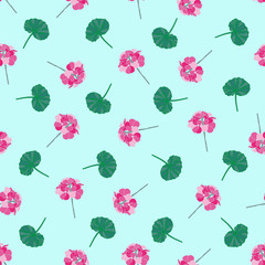 Geranium Leaves-Flowers in Bloom Seamless Repeat Pattern. Geranium flowers Leaves pattern background in pink,maroon and green on light blue background. Perfect for fabric,scrapbook,wallpaper