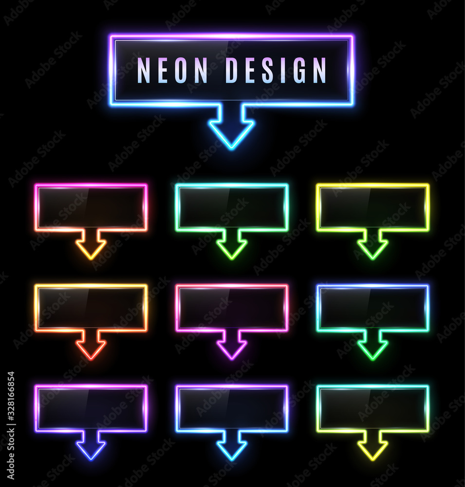 Poster neon rectangle arrow pointer set with color gradient on black background. light arrows symbol. glowi