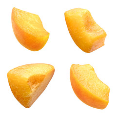 Slices of apricot isolated on white background. Set of tasty ripe sweet pieces of natural organic...