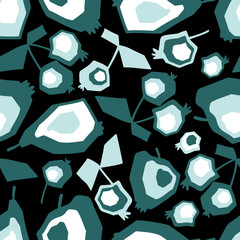 Modern seamless vector pattern in marine colours on black ground with abstract fruits, pears, apples, cherries. Can be used for printing on paper, stickers, badges, bijouterie, cards, textiles. 