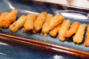 Japanese Food: Vegetable Tempura, Crispy Fried or Baked Variety of Vegetables with Bread Crumbs. Vegan and Vegetarian Food for health and nutrition. Hotel and Restaurant Food Catering Service concept