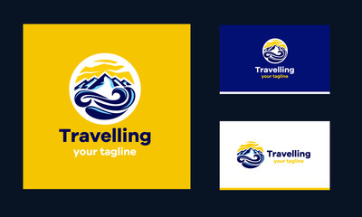 Obraz premium The logo is round in shape , the mountains and the sea waves