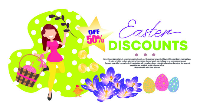 Vector image. Spring discounts in honor of Easter. Girl with a festive wicker basket and Easter cake. Colorful eggs and spring flowers. Cashback for Easter. Скидки и кэшбэк Пасха. Пасхальные скидки