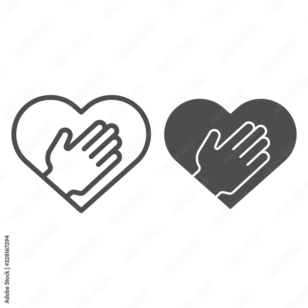 Poster heart and helping hand line and solid icon. human palm inside heart shape symbol, outline style pict