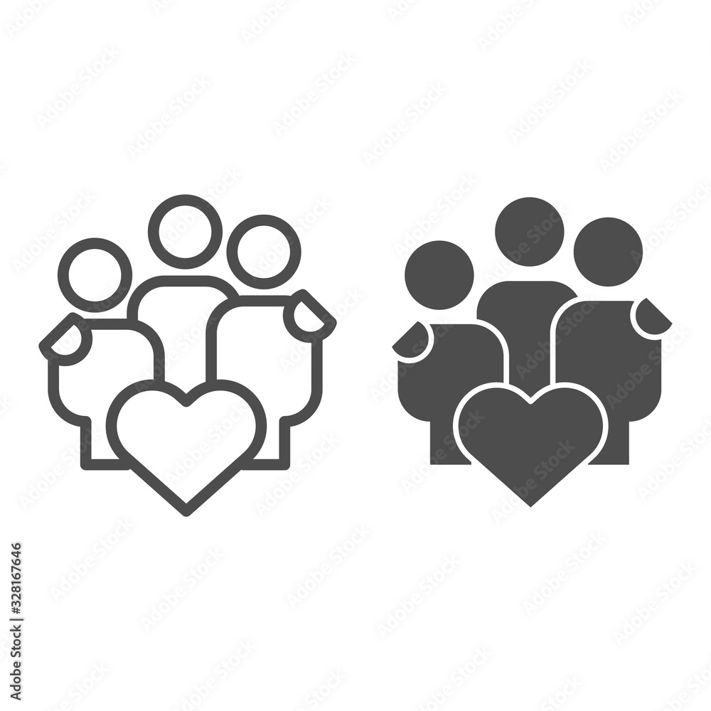 Poster happy family line and solid icon. hugging people group with heart shape symbol, outline style pictog