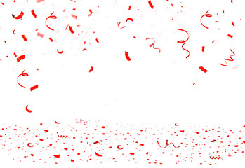 Falling bright red Glitter confetti, ribbon, stars celebration, serpentine isolated on white background. confetti flying on the floor. New year, birthday, valentines day design element.