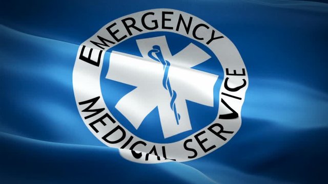 Emergency Service 911 EMS waving flag. National 3d EMS Emergency ambulance urgent care flag waving. Sign of Emergency Medical Service seamless loop animation. 911 Emergency medical flag HD Background