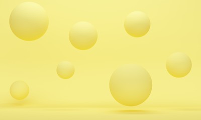 Yellow abstract background with flying spheres. 3d rendering