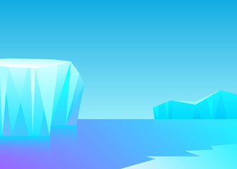 Vector illustration. Winter landscape in flat minimalistic polygonal style. Mountains with snowfall, Iceberg in the ocean.  Arctic background. Sunny daytime weather. Abstract landscape. Snow wallpaper