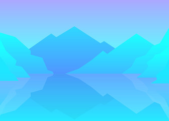 Fototapeta na wymiar Vector illustration. Winter landscape in flat minimalistic polygonal style. Mountains with snowfall, Iceberg in the ocean. Arctic background. Sunny daytime weather. Abstract landscape. Snow wallpaper
