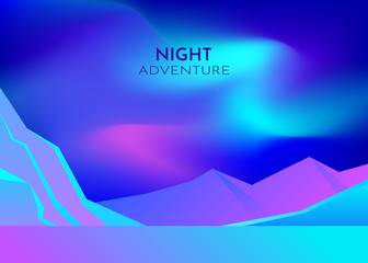 Cartoon vector nature winter arctic ice landscape with iceberg, snow mountains hills. Polar night with aurora borealis northen lights. Vector abstract background. Minimalist style. Flat concept.  © Yurii