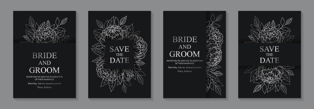 Set of modern floral luxury wedding invitation design or card templates for business or presentation or greeting with silver peonies on a black background.