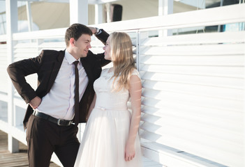 Naklejka premium portrait of the bride and groom,newlyweds on the background of the sea,happy wedding couple on sea beach,newlyweds are hugging on the wedding day after the ceremony,wedding dresses on the bride 