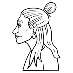 Woman from the side with bun and earrings.  monochrome, avatar, profile, illustration, head, beautiful.