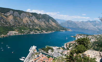 Naklejka premium Kotor. Panorama. View from the observation deck. The old town road.Montenegro.
