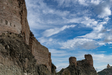The ruins of the Narikala fortress on a background of blue transparent sky. Tbilisi. Georgia.