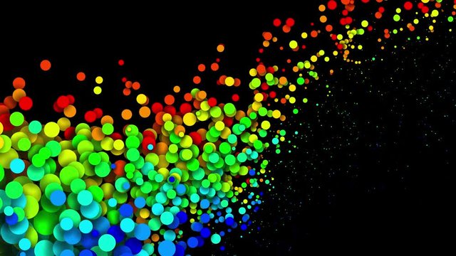 Circles decrease and increase in waves. 4k looped seamless abstract background. Gradient rainbow color on particles like paint bubbles or dye droplets in water in flat style. Luma matte 3