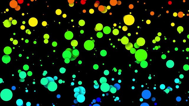 Circles decrease and increase in waves. 4k looped seamless abstract background. Gradient rainbow color on particles like paint bubbles or dye droplets in water in flat style. Luma matte 8