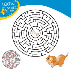 Maze or Labyrinth for Children with Cartoon Dog and Bone. Find right way. Simple round maze with answer. Entry and exit. Children puzzle game. Education Labyrinth conundrum. Logic Games for kids.