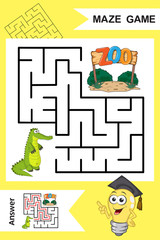 Square Labyrinth for Child with cute cartoon Alligator isolated on colorful background. Find right way to the ZOO. Entry and exit. With Answer. Education worksheet. Activity page.Logic Games for kids