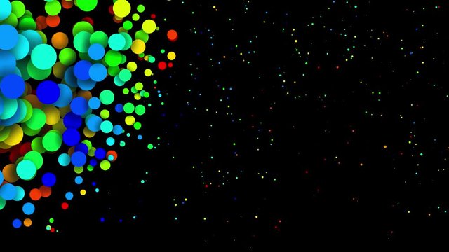 Circles decrease and increase in waves. 4k looped seamless abstract background. Gradient rainbow color on particles like paint bubbles or dye droplets in water in flat style. Luma matte 6