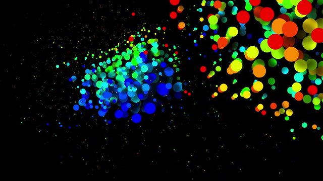 Circles decrease and increase in waves. 4k looped seamless abstract background. Gradient rainbow color on particles like paint bubbles or dye droplets in water in flat style. Luma matte 2